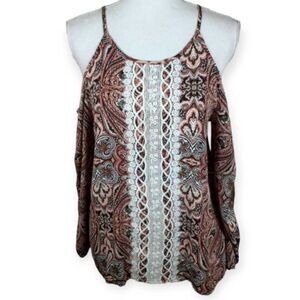 CHARLOTTE RUSSE COLD SHOULDER BLACK, PEACH, & CREAM PAISLY BLOUSE SZ.S EUC.